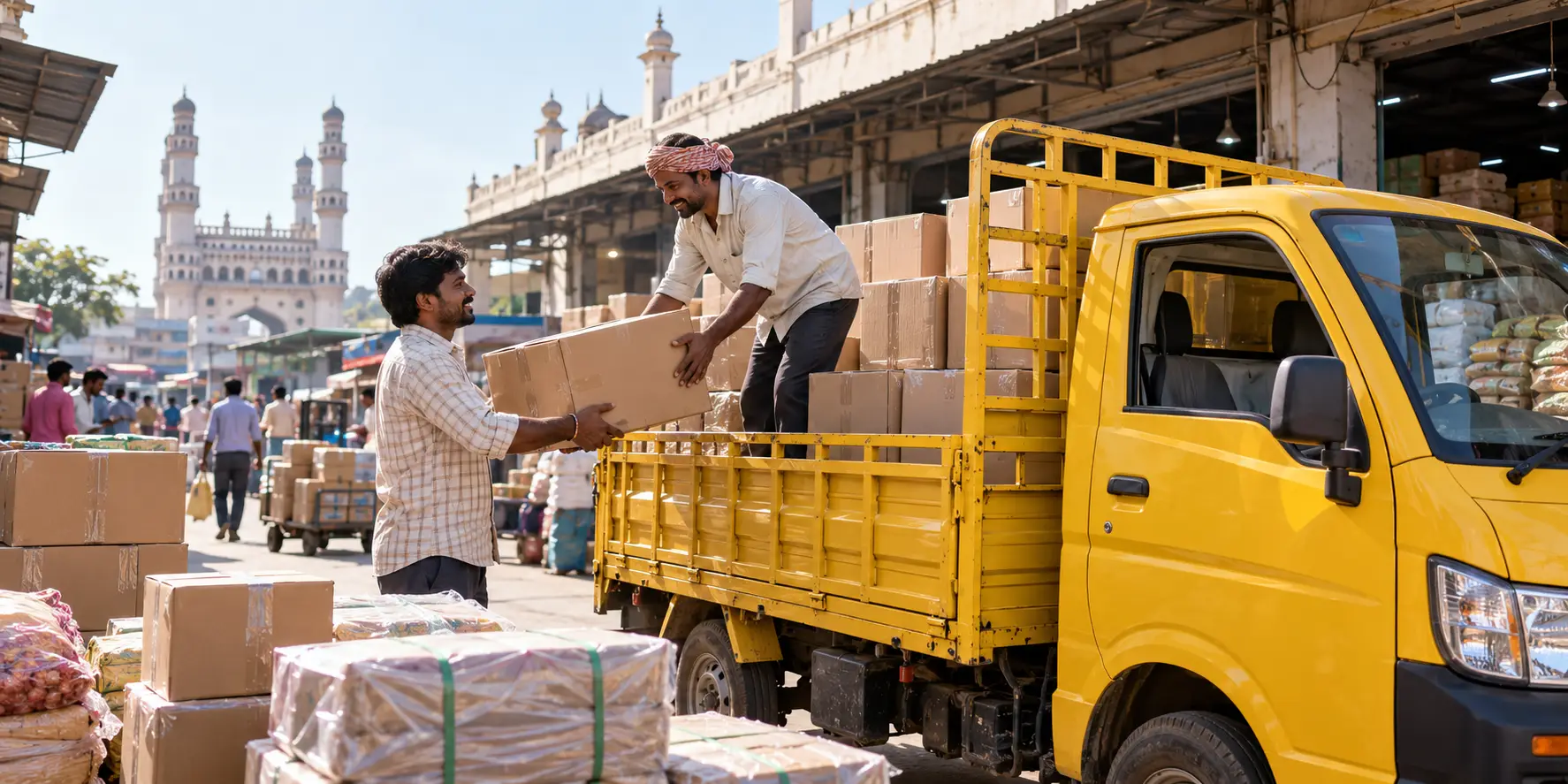 A loaded goods truck travelling on an Indian highway, the kind of vehicle booked through HeyGo for intercity loads