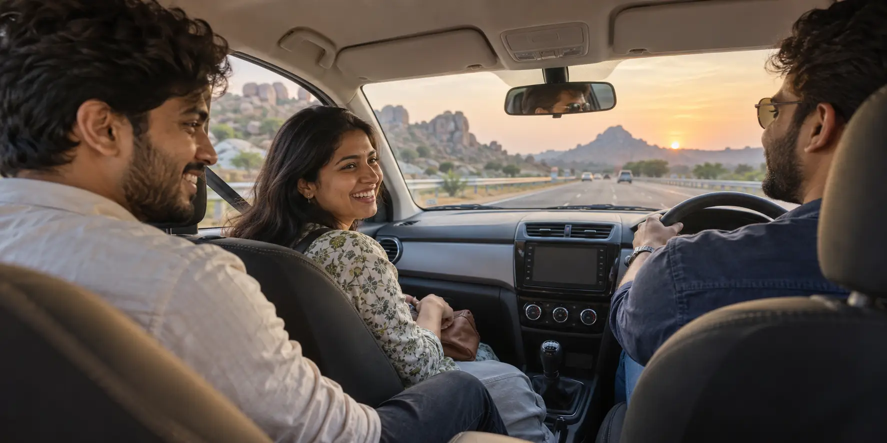 Friends sharing one car on a Telangana highway at sunset — the empty seats carpooling puts to use